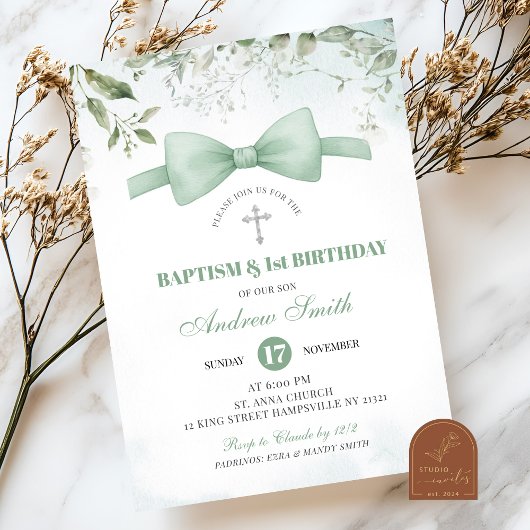 Invitation Vert sauge garçon baptême et premier anniversaire
