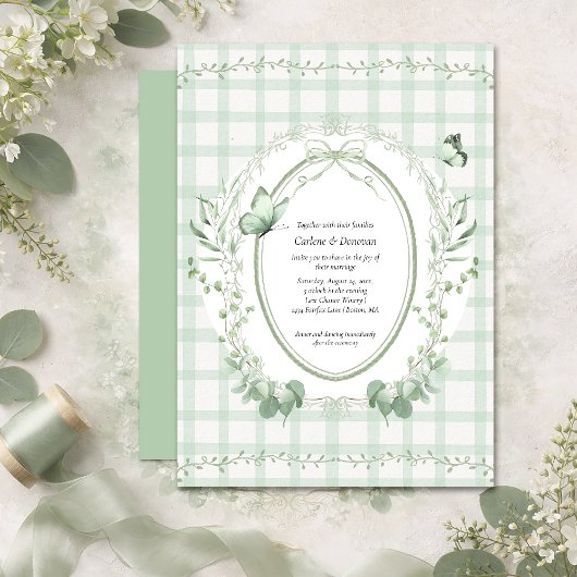 Invitation Vert sauge Gingham Botanique Mariage |