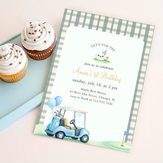 Invitation Vert Sauge Gingham Golf Premier Anniversaire