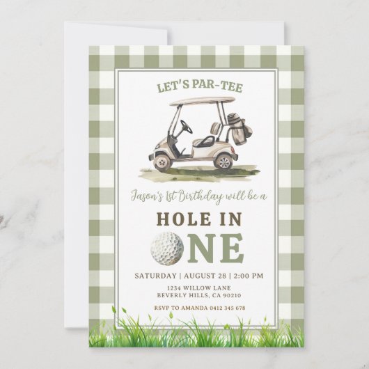 Invitation Vert sauge Gingham Troue en Un Golf Garçon Anniver (Devant)