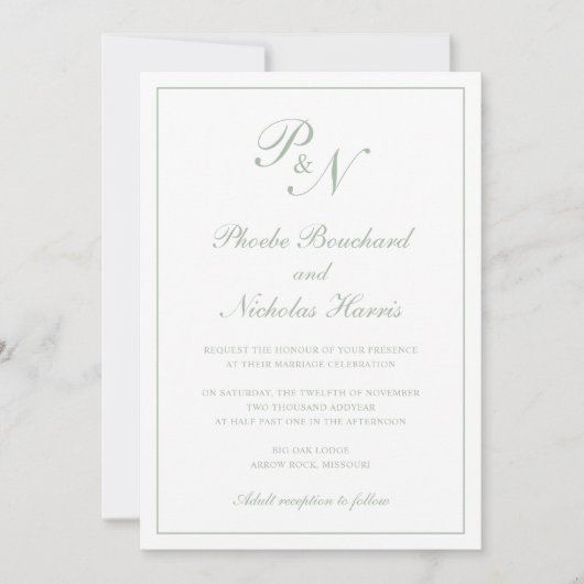 Invitation Vert sauge Mariage Classique Élégant (Devant)