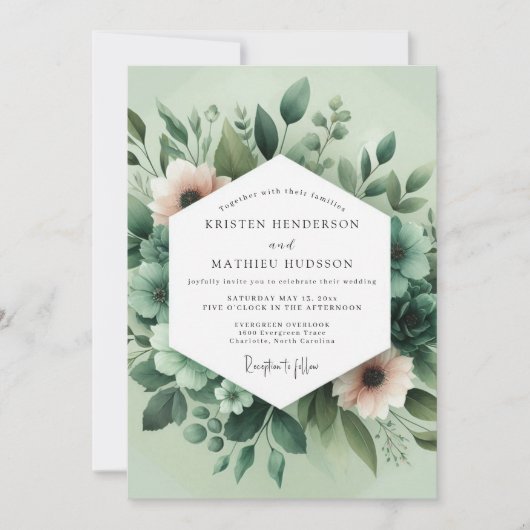 Invitation Vert sauge mariage flore peintre (Devant)