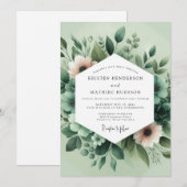 Invitation Vert sauge mariage flore peintre (Devant / Derrière)