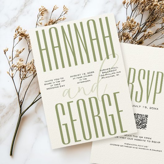 Invitation Vert sauge moderne et écru simple code QR mariage