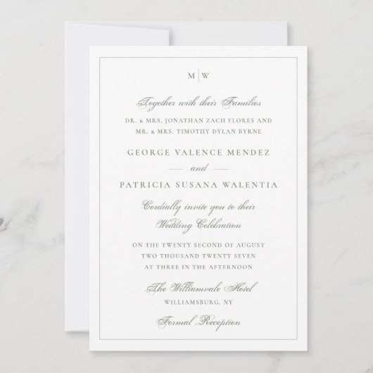 Invitation Vert Sauge Monogram Mariage Classique (Devant)