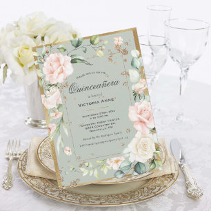Invitation Vert sauge or élégant Quinceañera floral