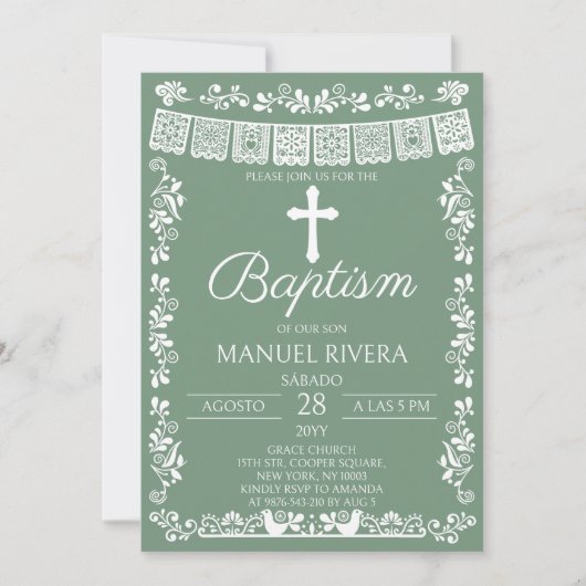 Invitation Vert sauge Papel Picado Baptême (Devant)