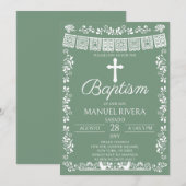 Invitation Vert sauge Papel Picado Baptême (Devant / Derrière)