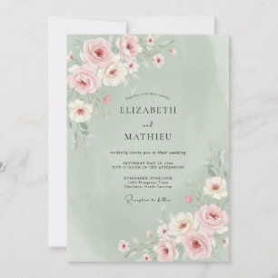 Invitation Vert sauge pastel floraison mariage printanier