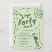 Invitation Vert sauge Rétro Disco Félicitations 40e Anniversa (Devant)