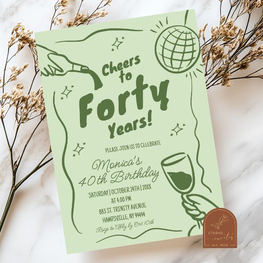 Invitation Vert sauge Rétro Disco Félicitations 40e Anniversa