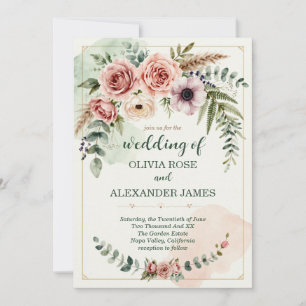 Invitation Vert sauge Rose poudrée Élégant Botanique Bohème