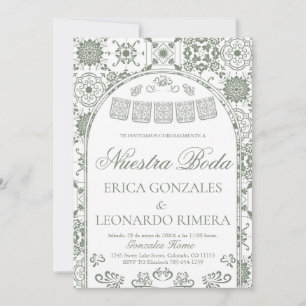 Invitation Vert Sauge Talavera Papel Picado Mariage Espagnol
