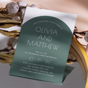 Invitation Vert sauge typographie moderne arche mariage + QR