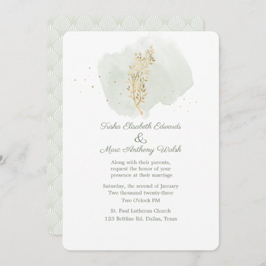 Invitation Vert simple avec Mariage Floral Or (Devant / Derrière)