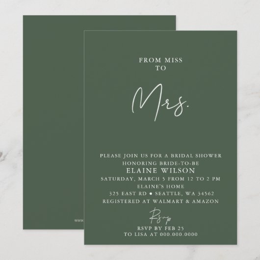 Invitation Vert Simple Élégant Fête des mariées moderne (Devant / Derrière)
