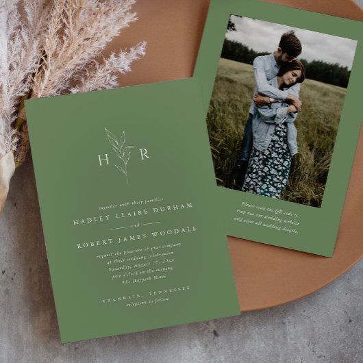 Invitation Vert simple Monogramme QR Code Mariage photo