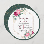 Invitation Vert simple surface | Mariage floral rose pâle (Devant / Derrière)