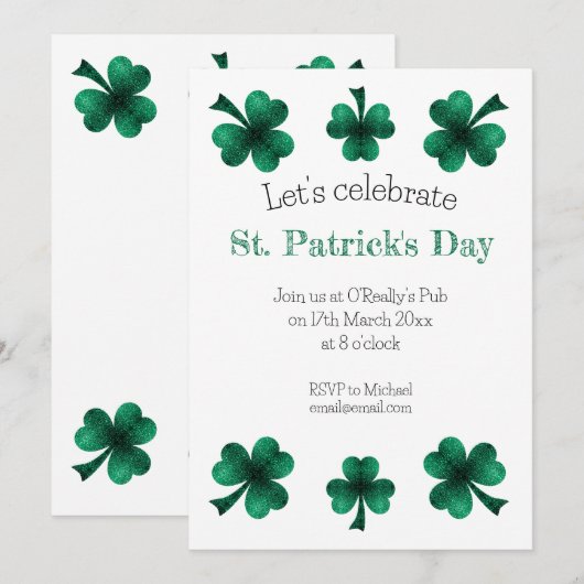 Invitation Vert Sparkle Shamrock St. Patrick's Day Blanc (Devant / Derrière)