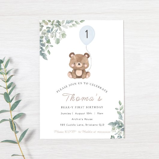 Invitation Vert Teddy Bear Premier Anniversaire Neutre