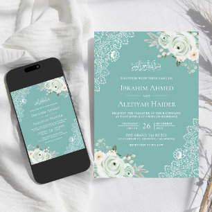 Invitation Vert Tilleul Sauge Floral Broderie Musulmane Maria