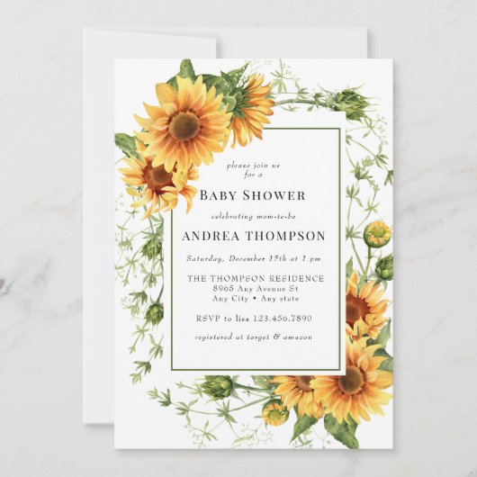Invitation Vert tournesol | Baby shower rustique (Devant)