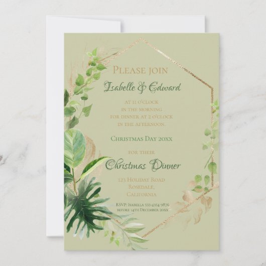 Invitation Vert Tropical Avec Feuille Or Dîner De Noël (Devant)