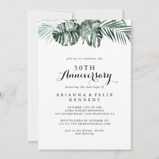 Invitation Vert tropical Blanc 50e anniversaire de Mariage (Devant)