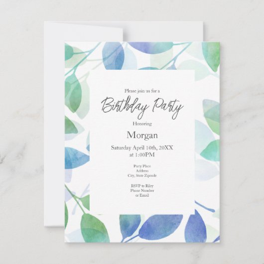 Invitation Vert turquoise bleu Feuilles (Devant)