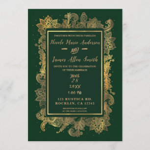 Invitation Vert vert foncé et mariage floral élégant d'or