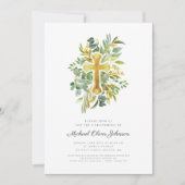 Invitation Vert vert moderne verdure Croix Christening (Devant)