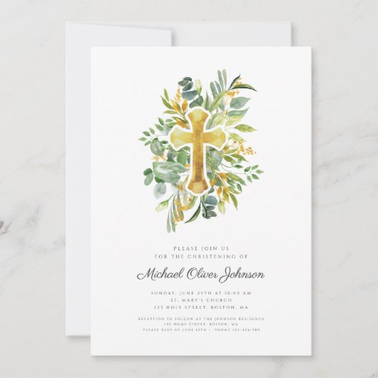 Invitation Vert vert moderne verdure Croix Christening (Devant)