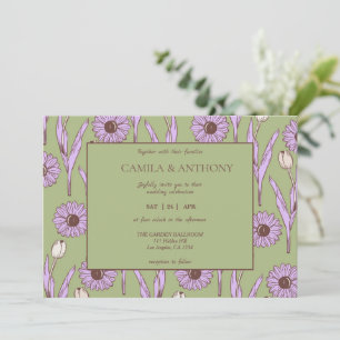 Invitation Vert violet rétro Y2K Funky Hippie Flower Motif