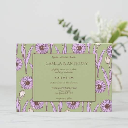 Invitation Vert violet rétro Y2K Funky Hippie Flower Motif (Debout devant)