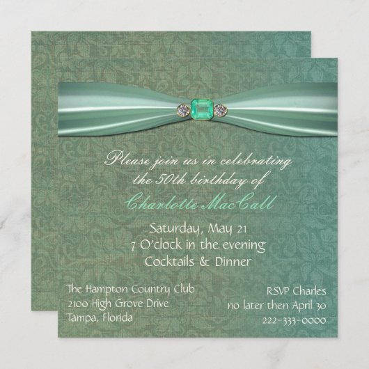 Invitation verte d'anniversaire de damassé (Devant / Derrière)