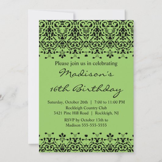Invitation verte d'anniversaire de sweet sixteen (Devant)