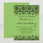 Invitation verte d'anniversaire de sweet sixteen (Devant / Derrière)