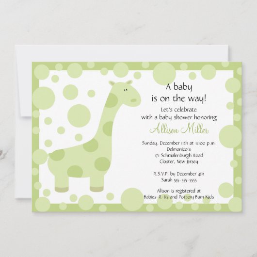 Invitation verte de baby shower de girafe (Devant)