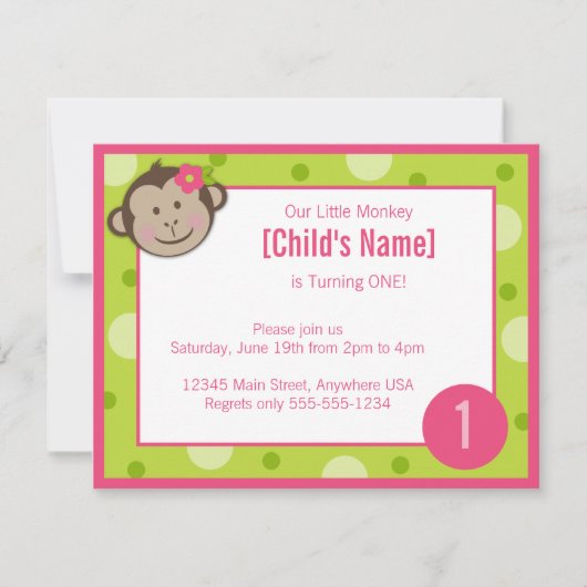 Invitation verte et rose 4,2 de fille de singe (Devant)