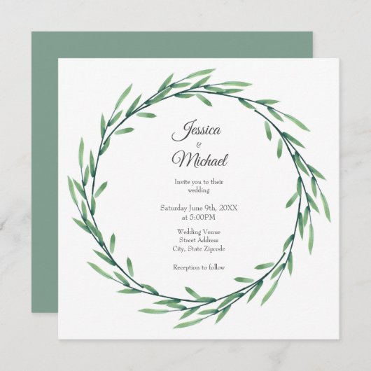 Invitation Verte Feuille d'aquarelle (Devant / Derrière)