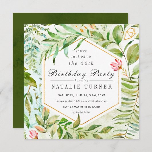 Invitation verte florale de fête d'anniversaire de (Devant / Derrière)