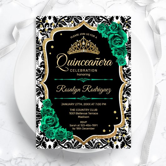 Invitation Verte Or Noir Damas Élégant Quinceanera