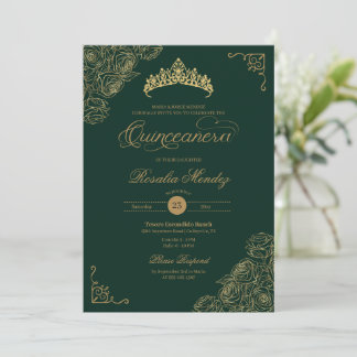 Invitation Verte & Or Roses élégant Quinceañera