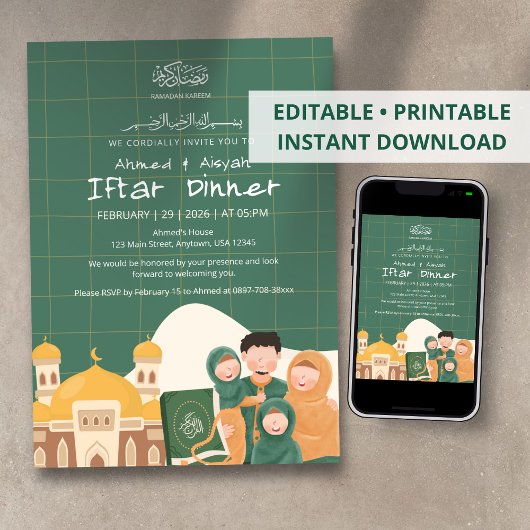 Invitation verte pour Iftar de Ramadan avec Mosqué