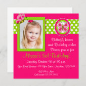 Invitation verte rose d'anniversaire de papillon (Devant / Derrière)