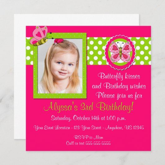 Invitation verte rose d'anniversaire de papillon (Devant / Derrière)