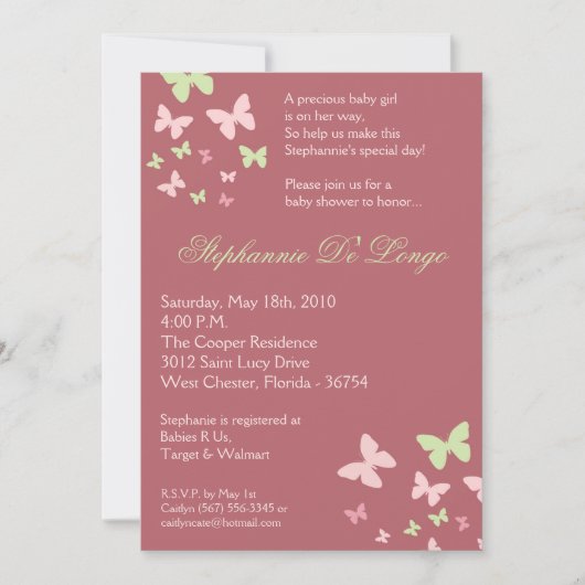 invitation verte rose de baby shower du papillon (Devant)