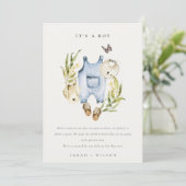 Invitation Vêtements à feuillage bleu pour annonce de bébé ga (Debout devant)