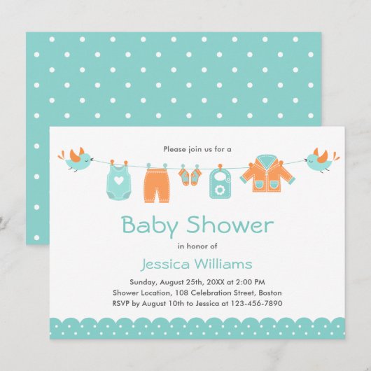 Invitation Vêtements Bleus Orange | Baby shower garçon (Devant / Derrière)