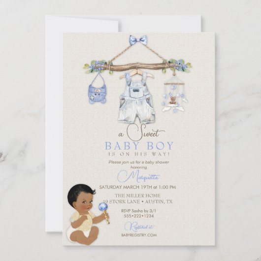 Invitation Vêtements de bébé Baby shower de garçon bleu ivoir (Devant)